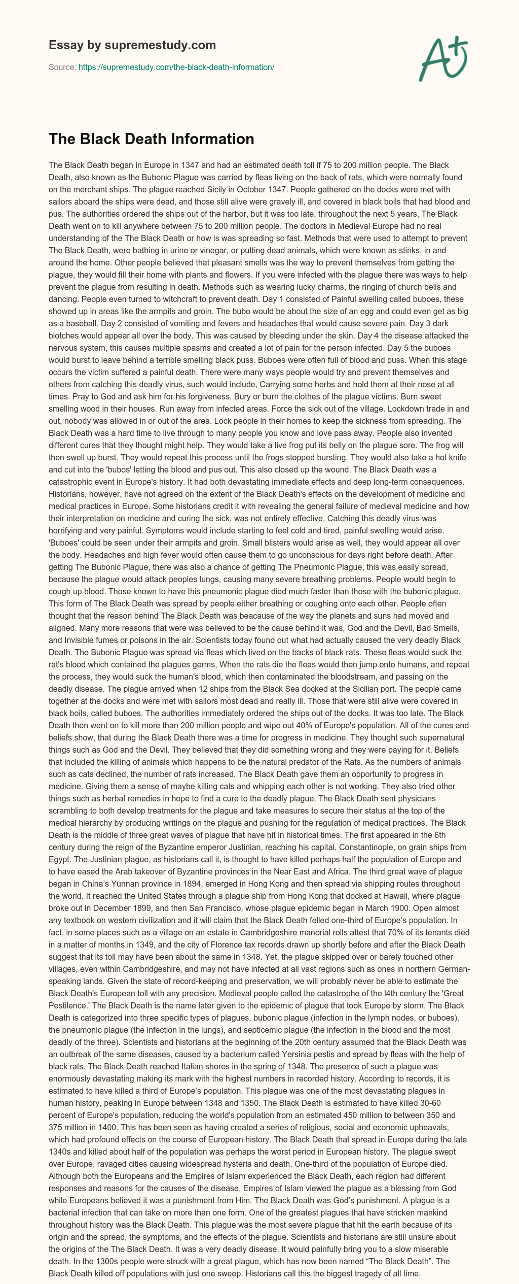 The Black Death Information essay