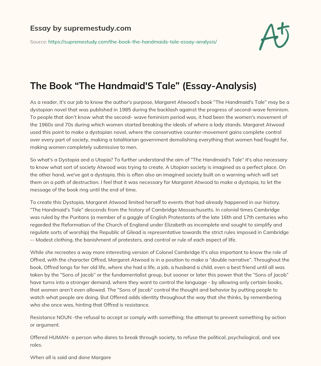 The Book “The Handmaid’S Tale” (Essay-Analysis) essay