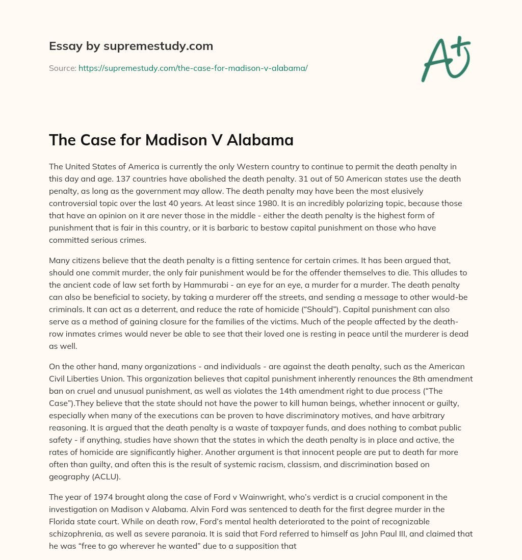The Case for Madison V Alabama essay
