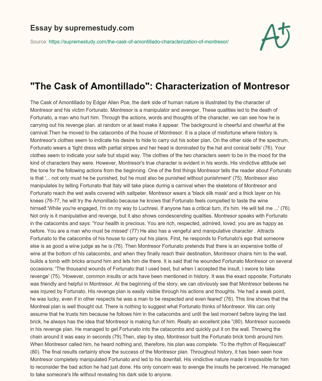 “The Cask of Amontillado”: Characterization of Montresor essay