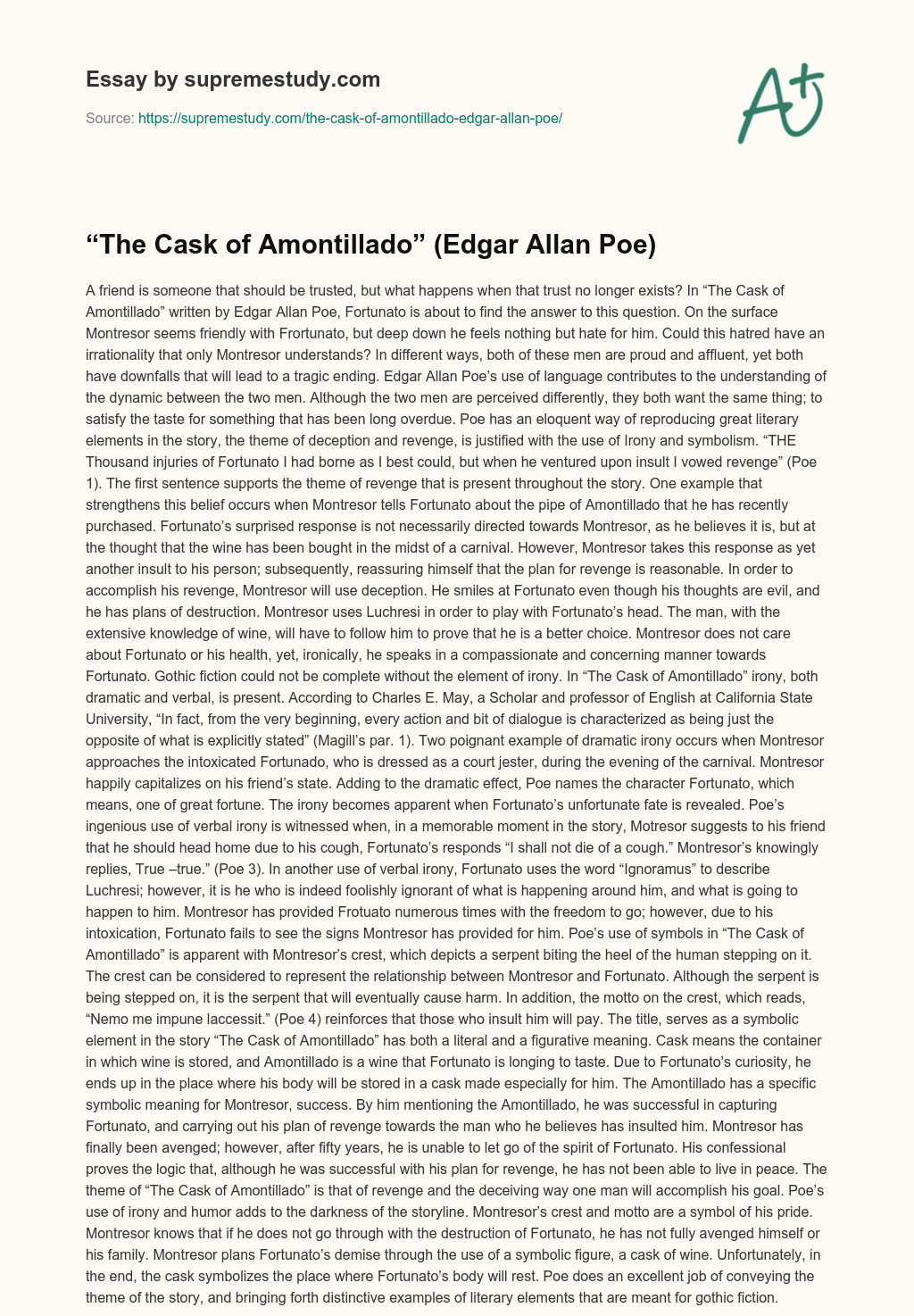 “The Cask of Amontillado” (Edgar Allan Poe) essay