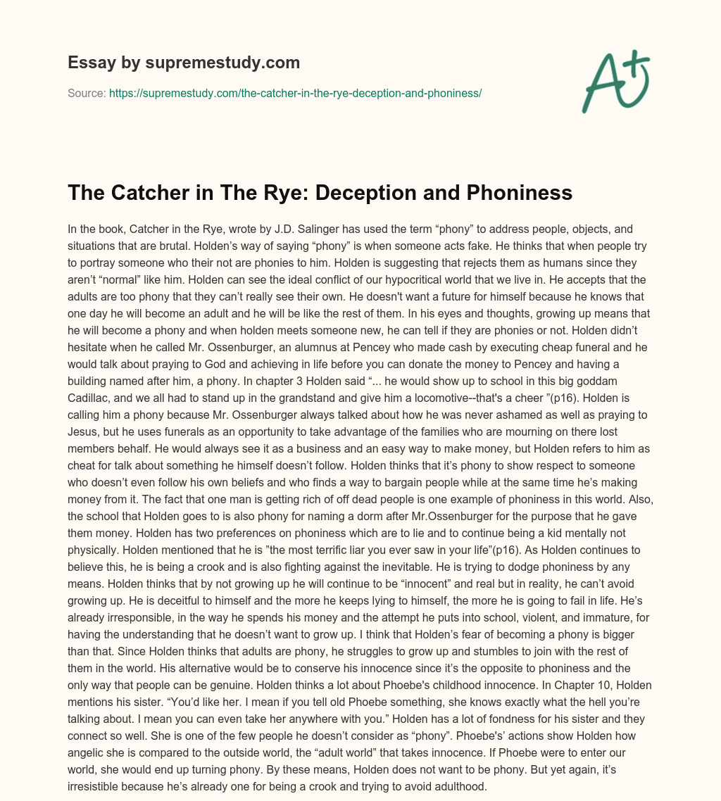 The Catcher in The Rye: Deception and Phoniness essay