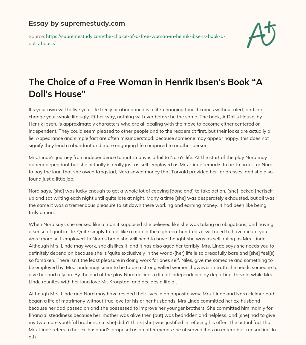 The Choice of a Free Woman in Henrik Ibsen’s Book “A Doll’s House” essay