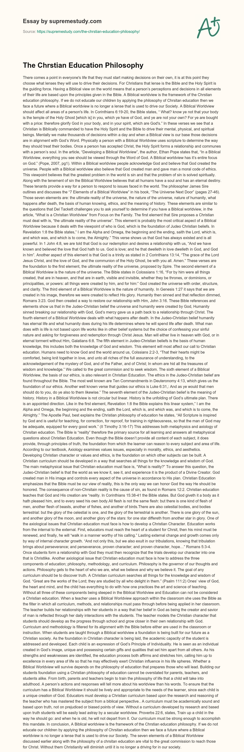 The Chrstian Education Philosophy essay