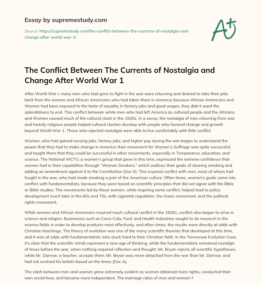 The Conflict Between The Currents of Nostalgia and Change After World War 1 essay