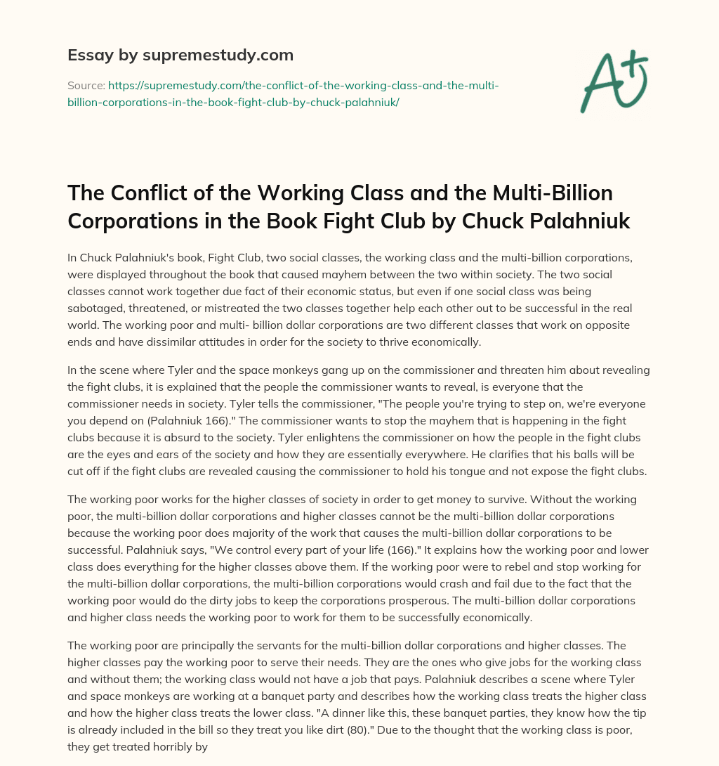 The Conflict of the Working Class and the Multi-Billion Corporations in the Book Fight Club by Chuck Palahniuk essay
