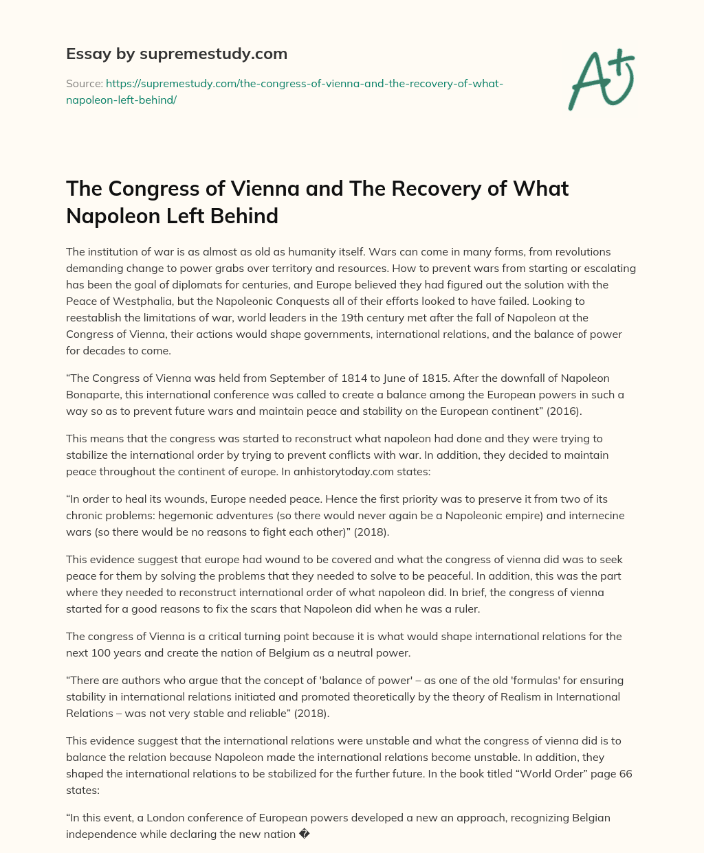 The Congress of Vienna and The Recovery of What Napoleon Left Behind essay