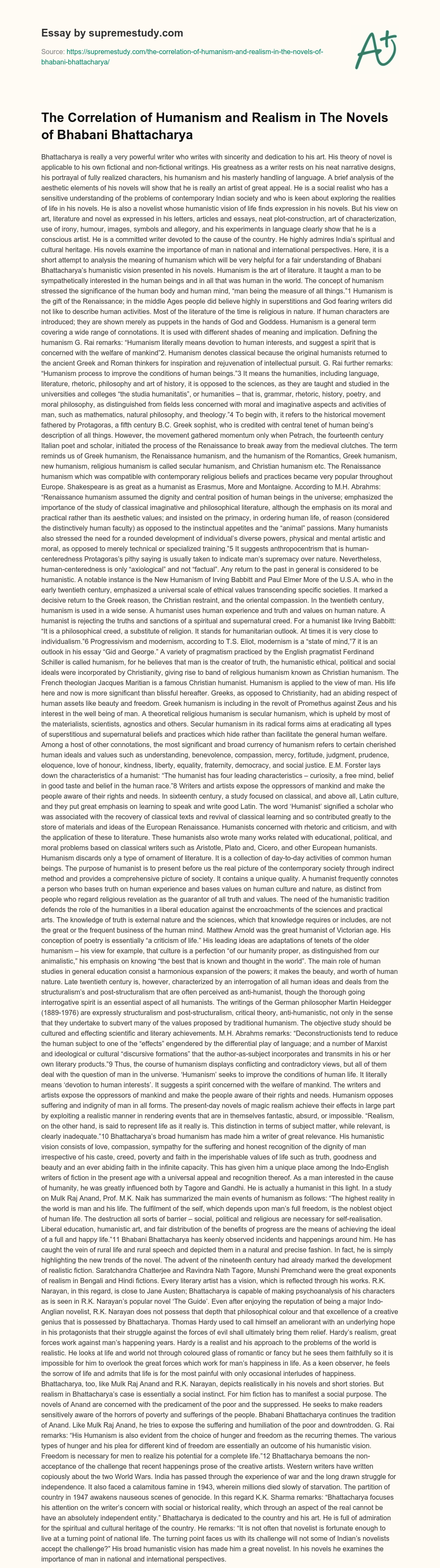 The Correlation of Humanism and Realism in The Novels of Bhabani Bhattacharya essay