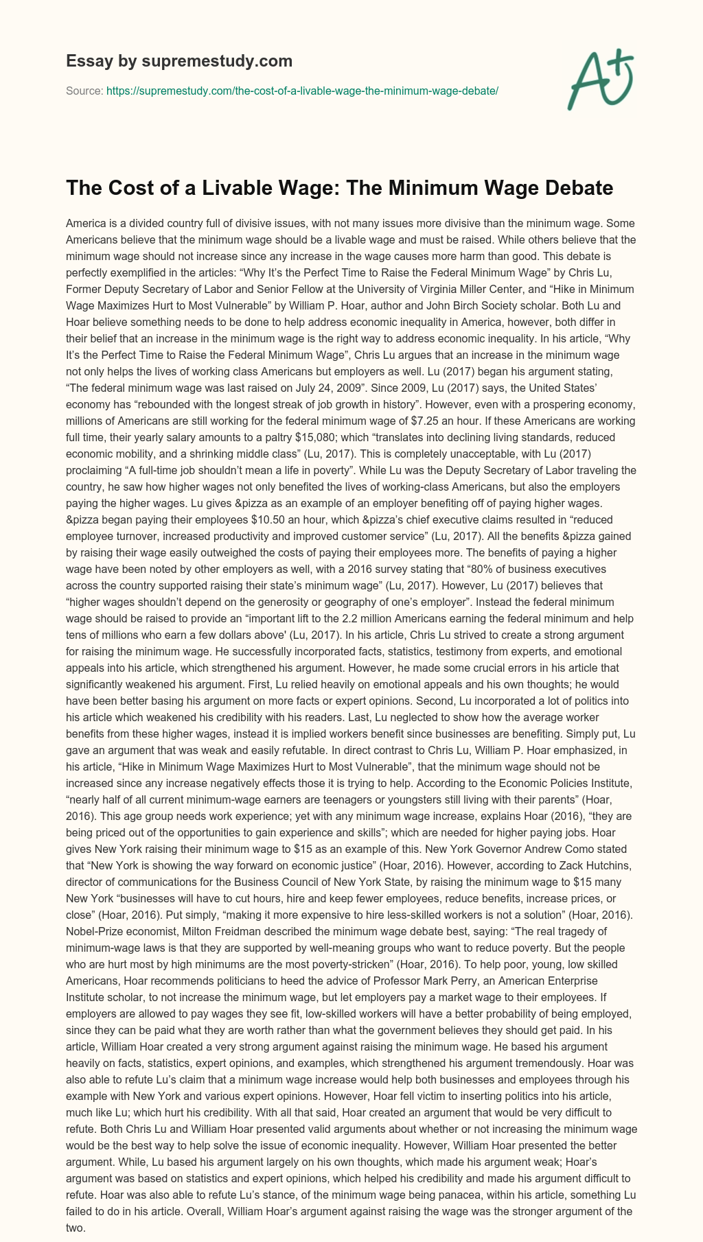 The Cost of a Livable Wage: The Minimum Wage Debate essay