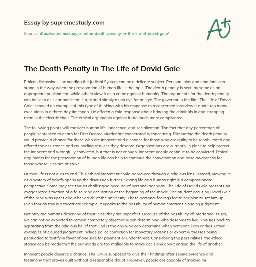 The Death Penalty in The Life of David Gale essay