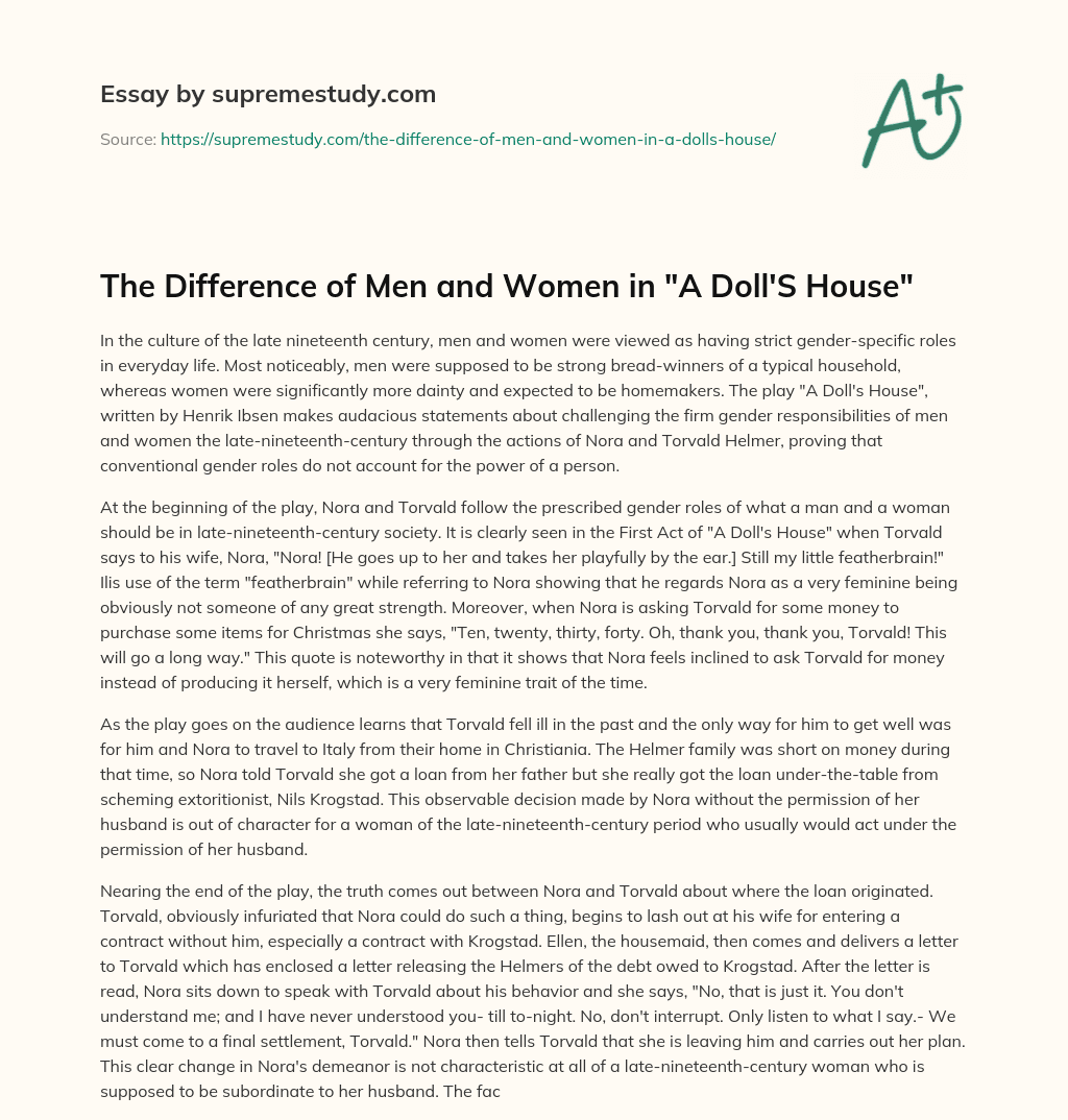 The Difference of Men and Women in “A Doll’S House” essay