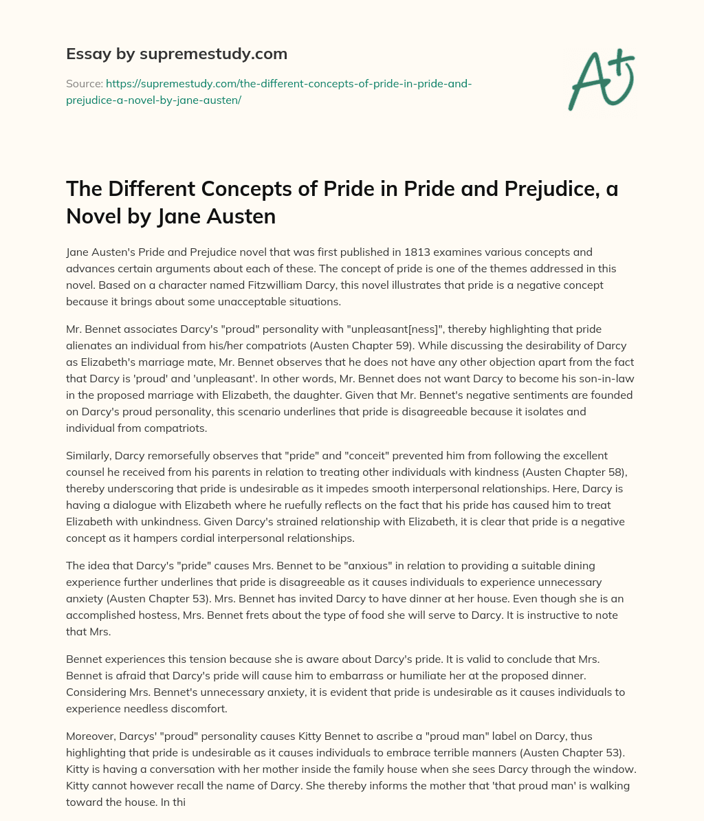 The Different Concepts of Pride in Pride and Prejudice, a Novel by Jane Austen essay