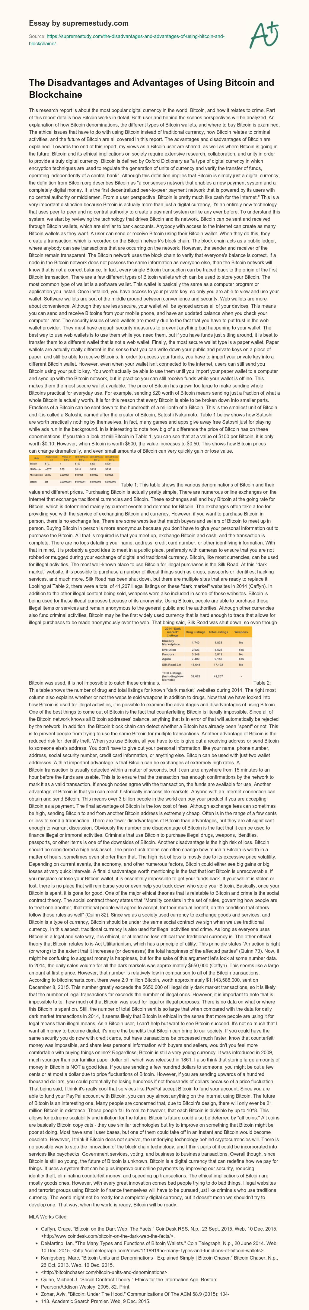 The Disadvantages and Advantages of Using Bitcoin and Blockchaine essay