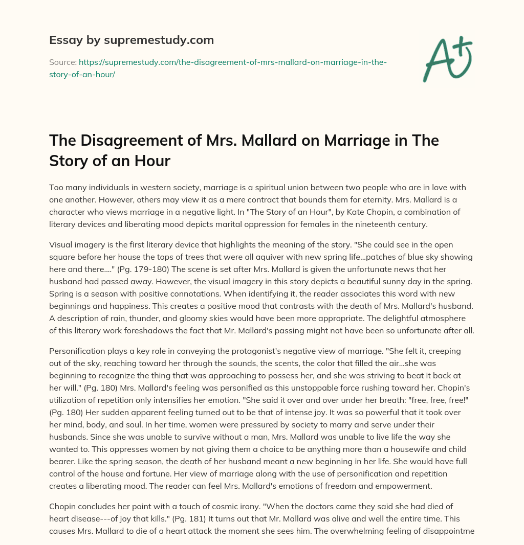 The Disagreement of Mrs. Mallard on Marriage in The Story of an Hour essay
