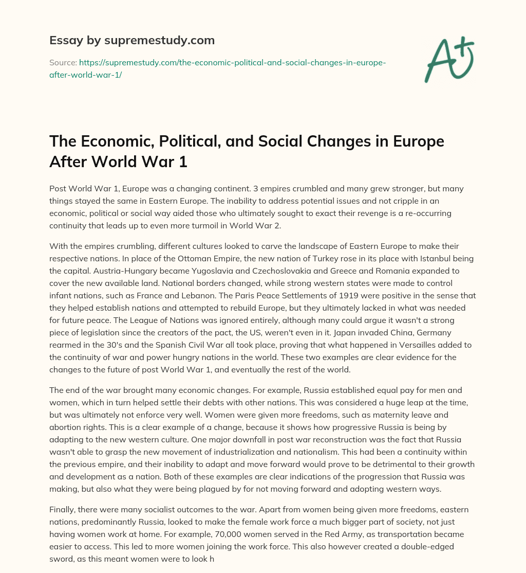 The Economic, Political, and Social Changes in Europe After World War 1 essay