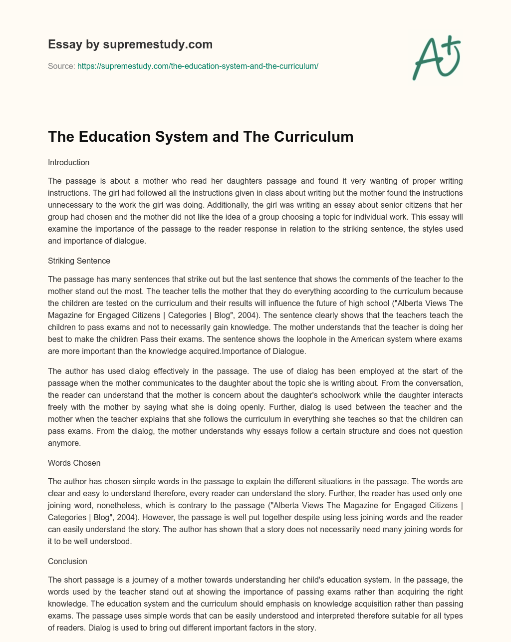 The Education System and The Curriculum essay