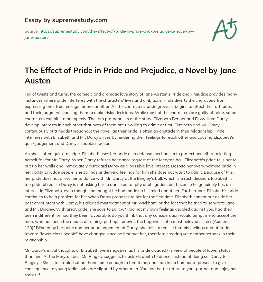 The Effect of Pride in Pride and Prejudice, a Novel by Jane Austen essay