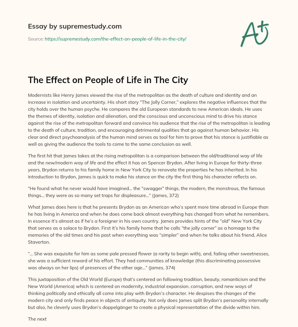 The Effect on People of Life in The City essay