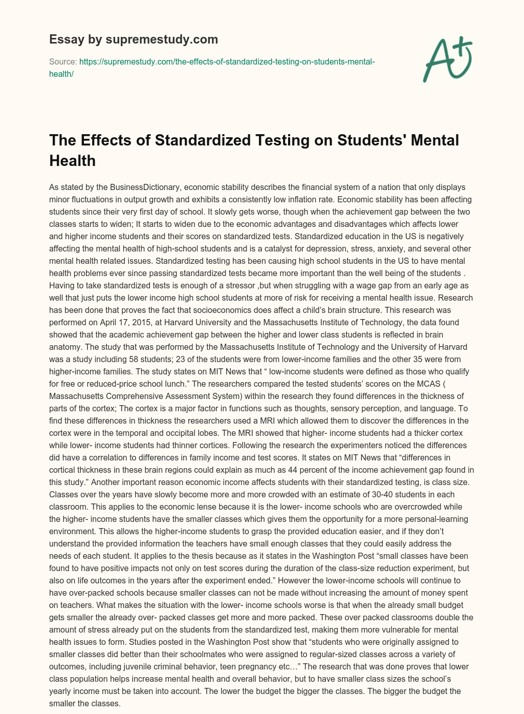 The Effects of Standardized Testing on Students’ Mental Health essay