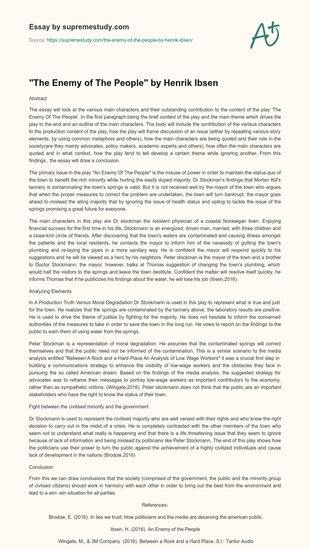 “The Enemy of The People” by Henrik Ibsen essay