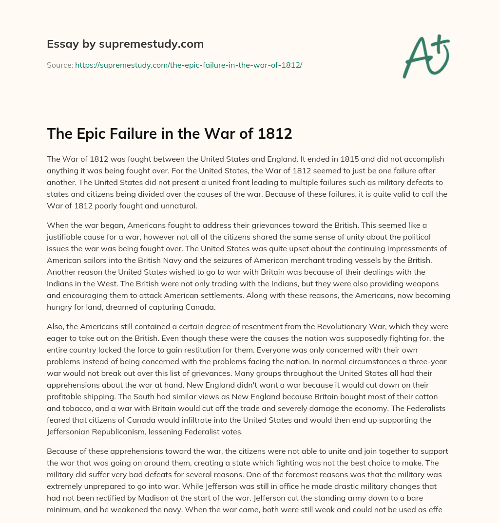 The Epic Failure in the War of 1812 essay