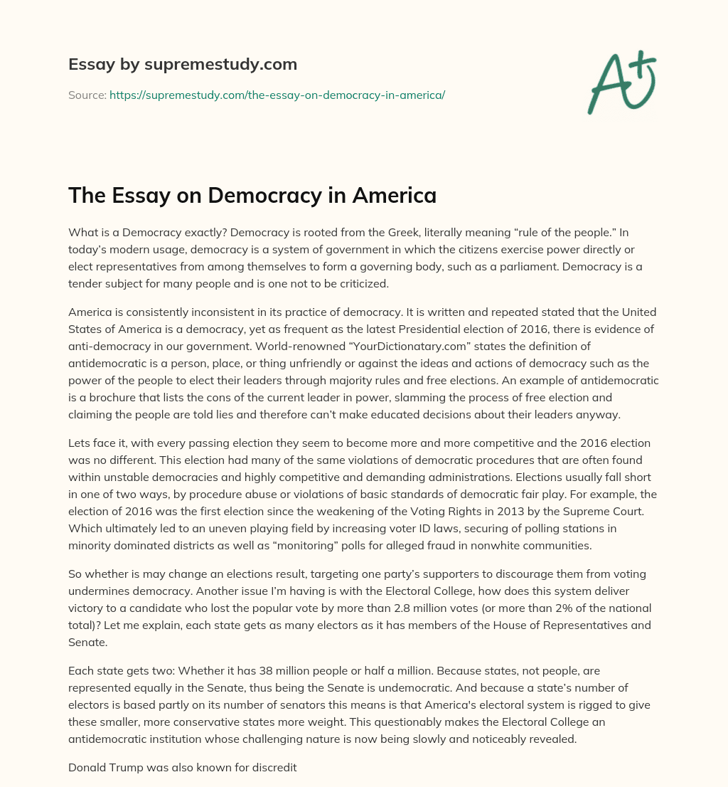 The Essay on Democracy in America essay