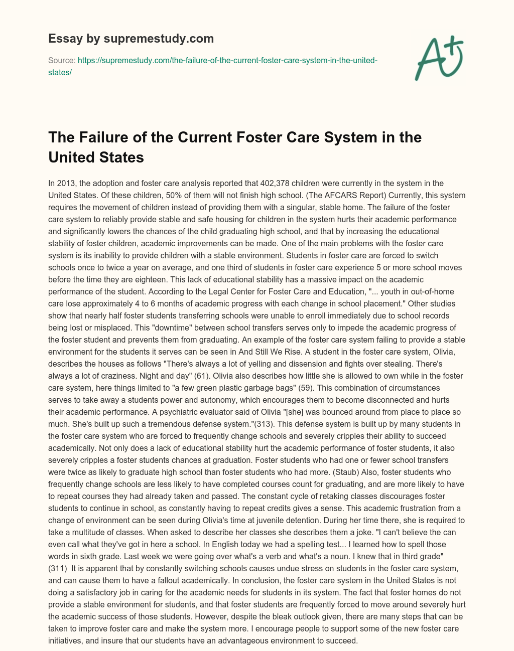 The Failure of the Current Foster Care System in the United States essay