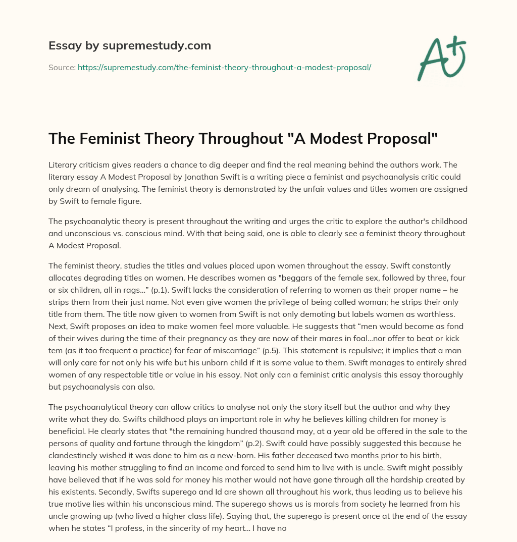 The Feminist Theory Throughout “A Modest Proposal” essay