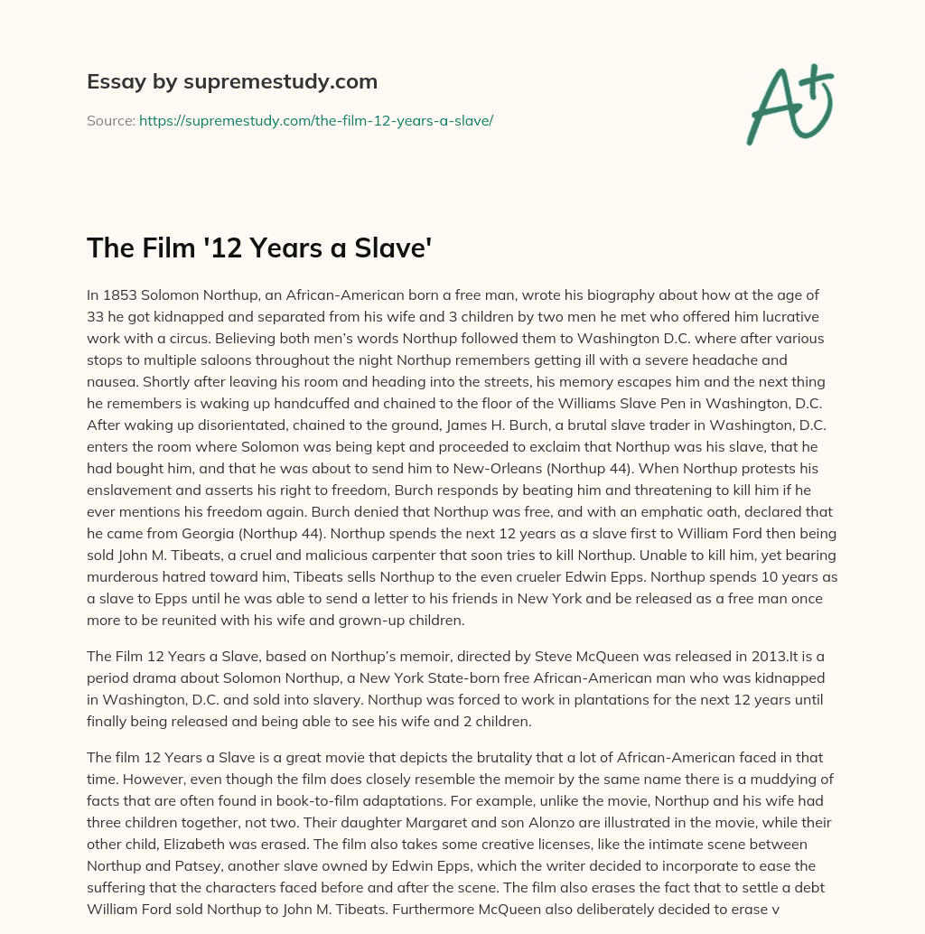 The Film ’12 Years a Slave’ essay