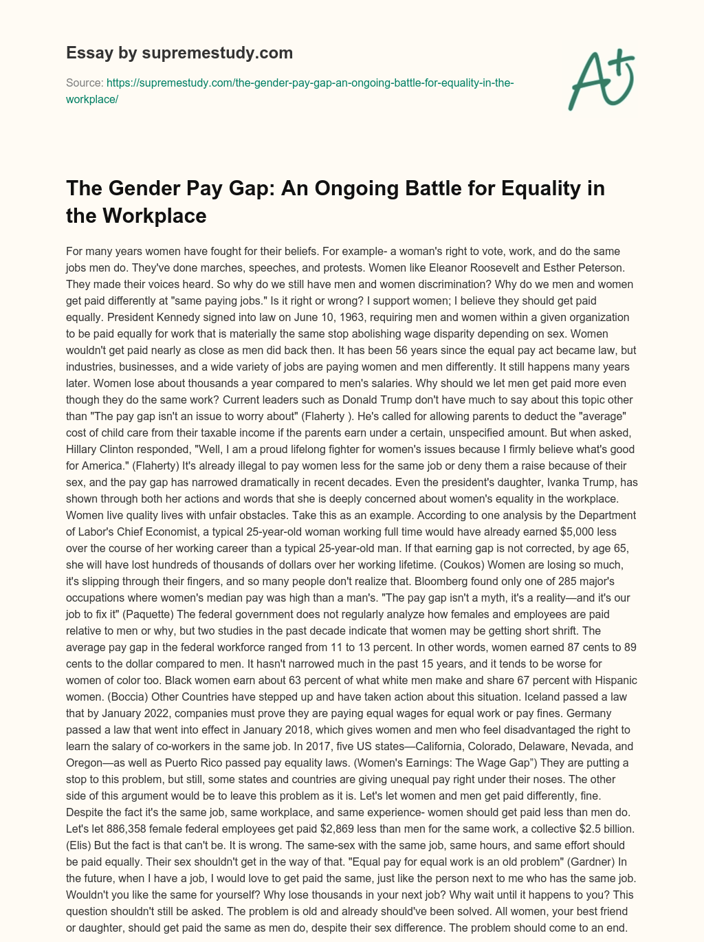 The Gender Pay Gap: An Ongoing Battle for Equality in the Workplace essay