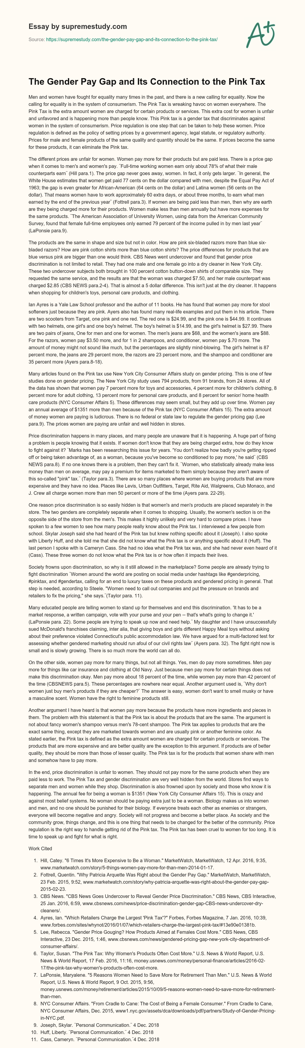 The Gender Pay Gap and Its Connection to the Pink Tax essay