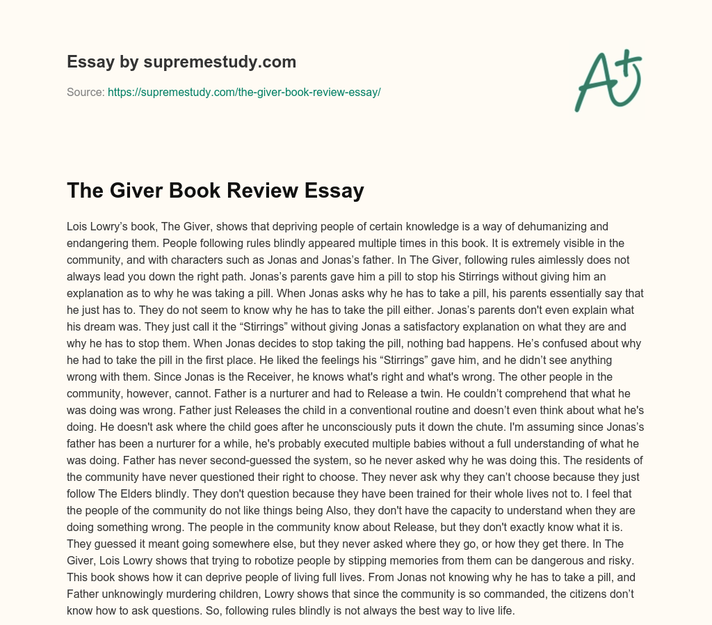The Giver Book Review Essay essay