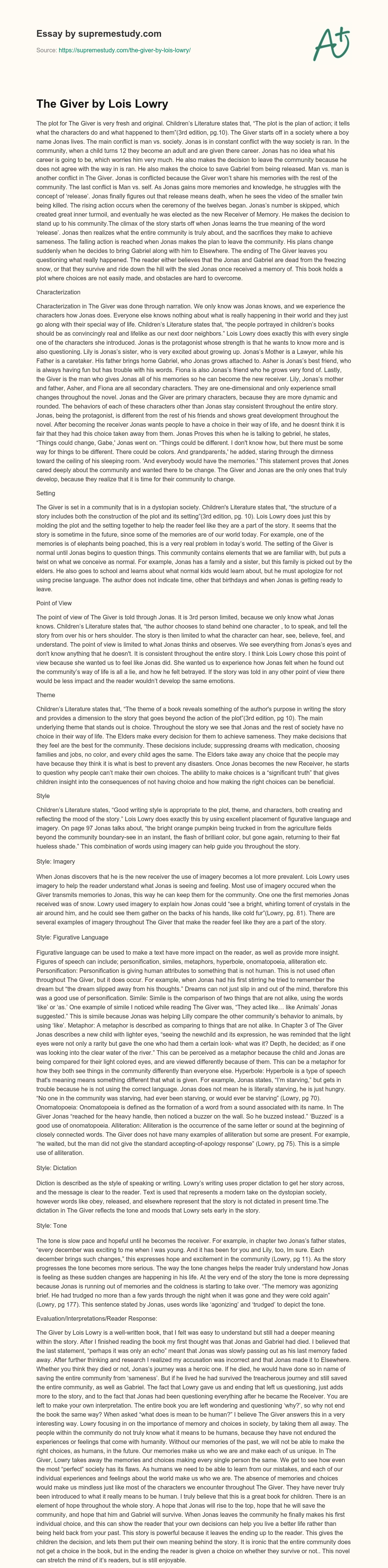 The Giver by Lois Lowry essay