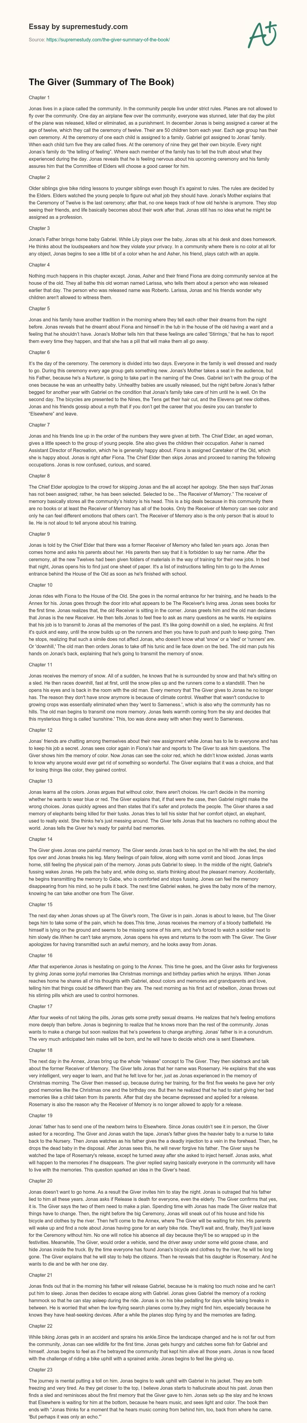 The Giver (Summary of The Book) essay