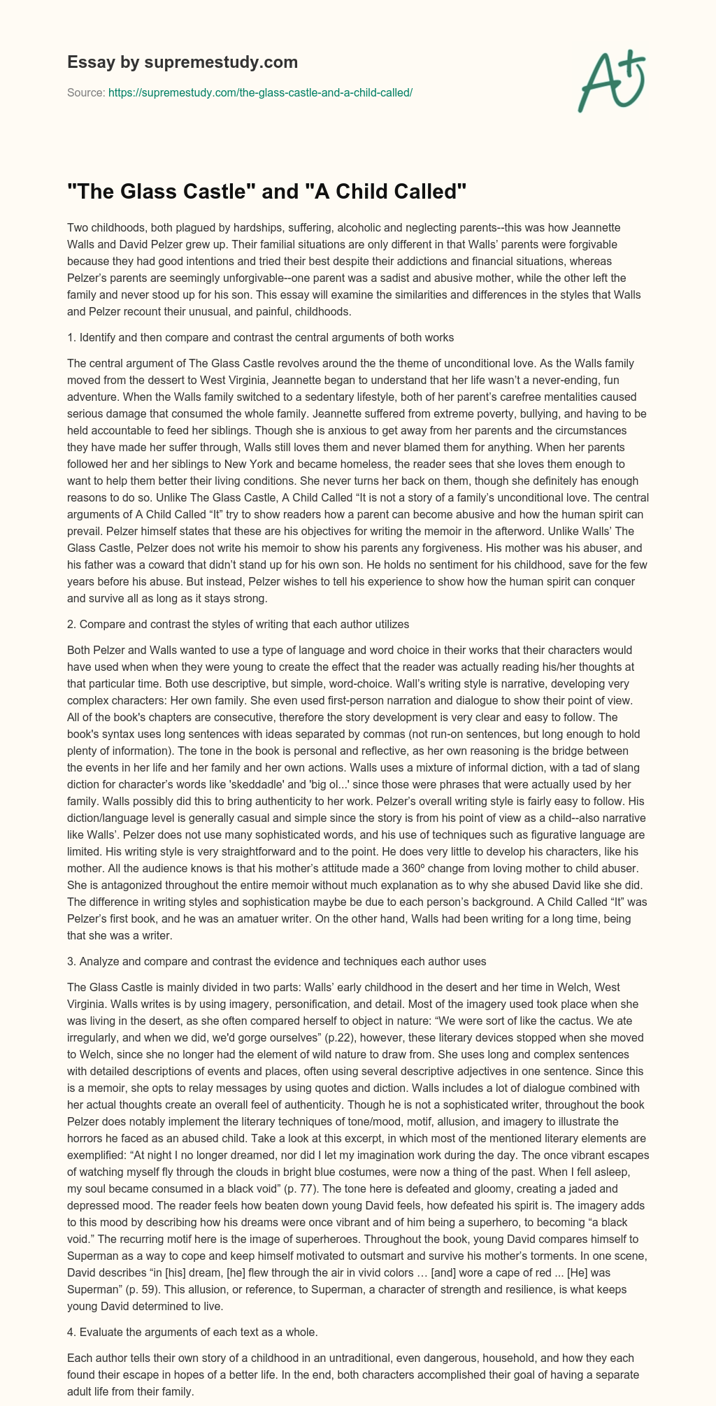 “The Glass Castle” and “A Child Called” essay