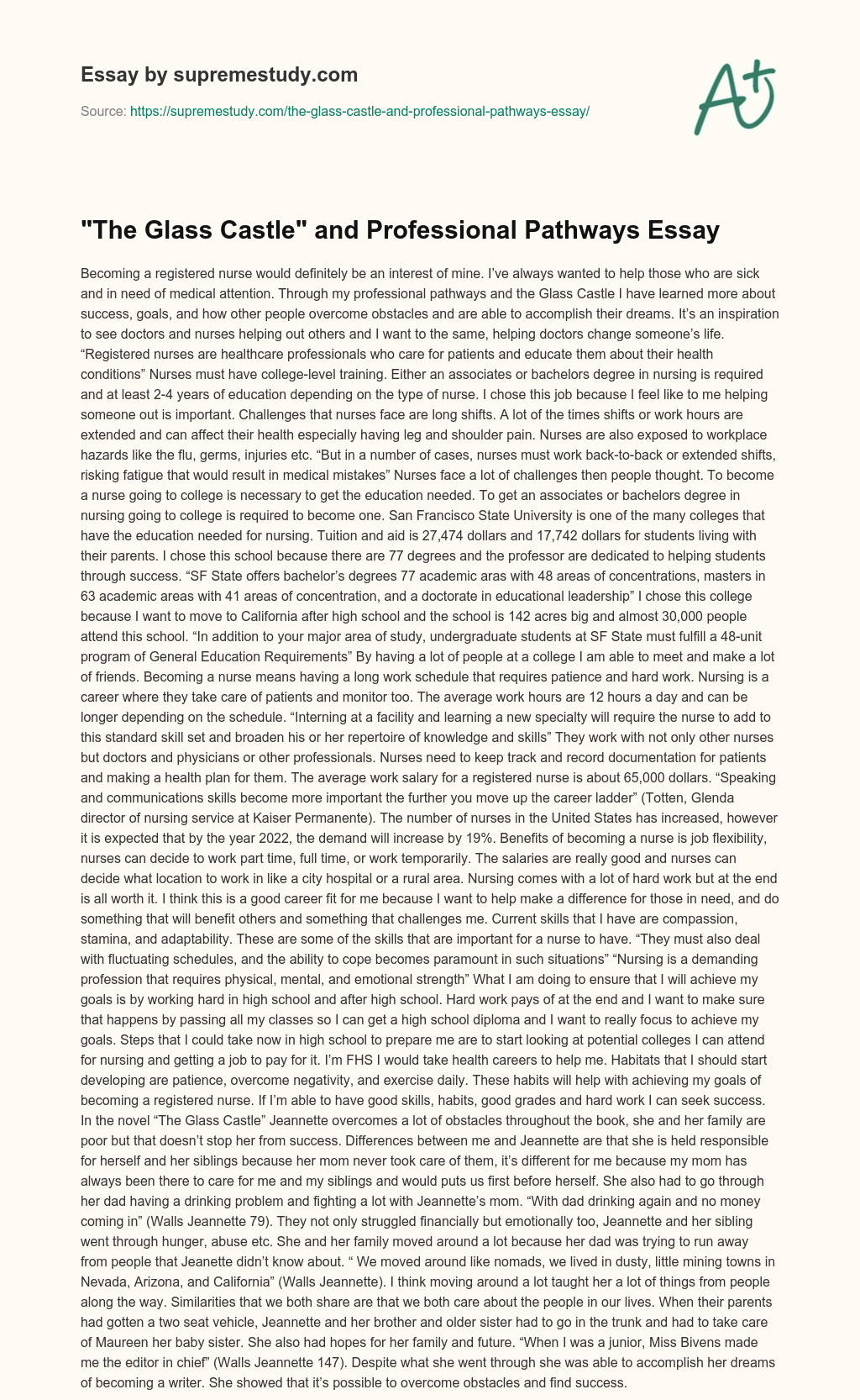 “The Glass Castle” and Professional Pathways Essay essay