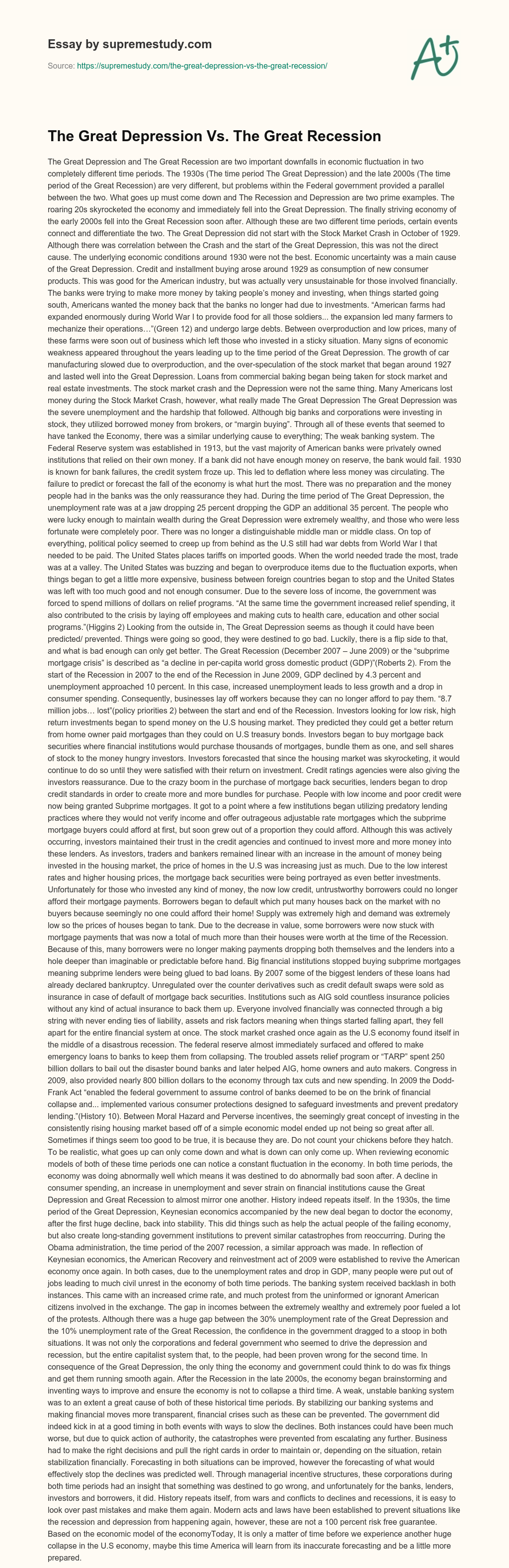 The Great Depression Vs. The Great Recession essay