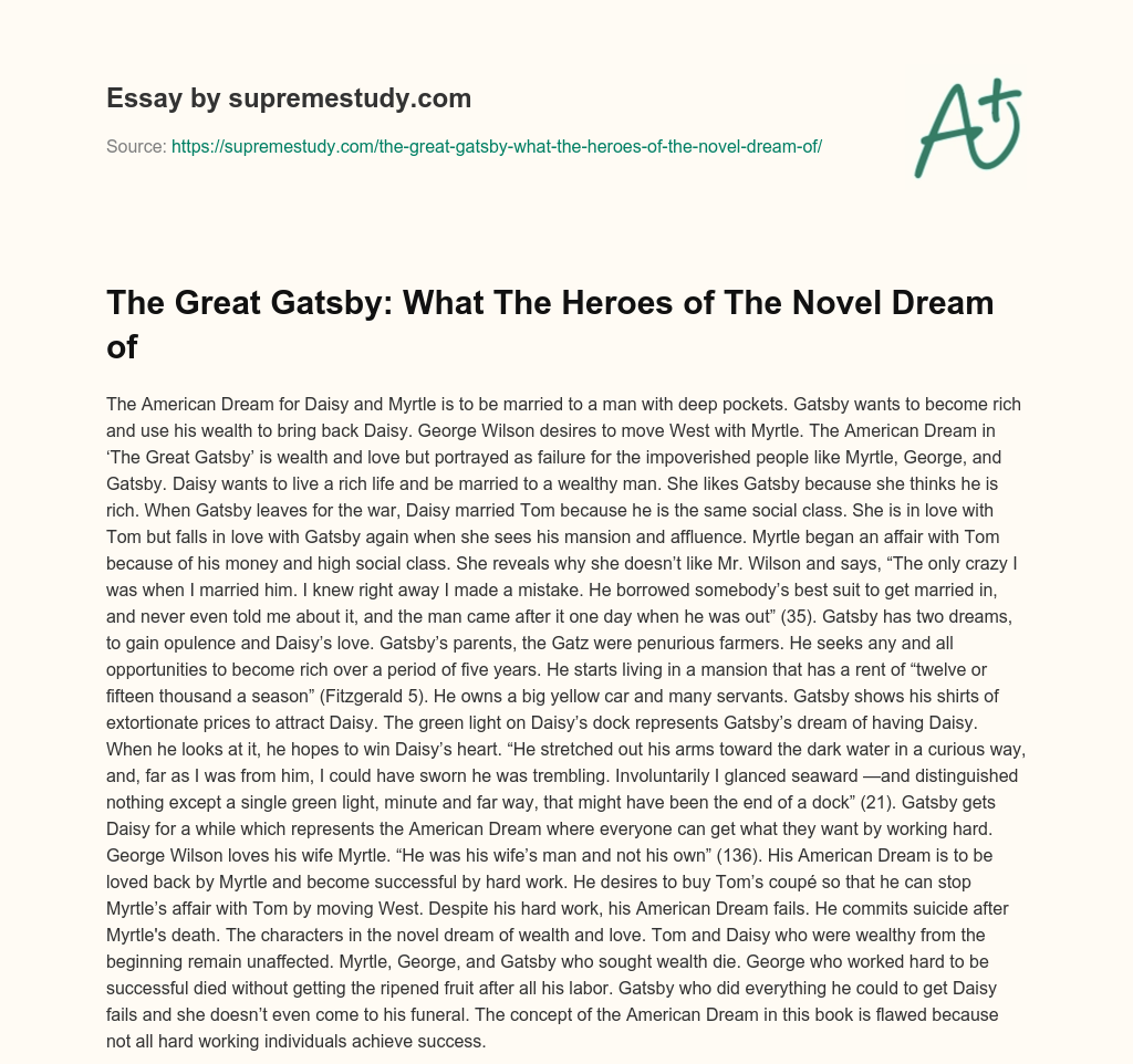 The Great Gatsby: What The Heroes of The Novel Dream of essay