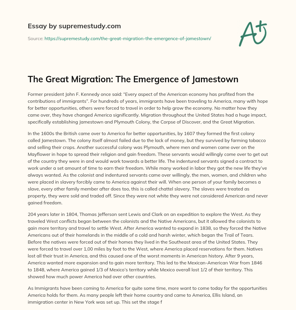 The Great Migration: The Emergence of Jamestown essay