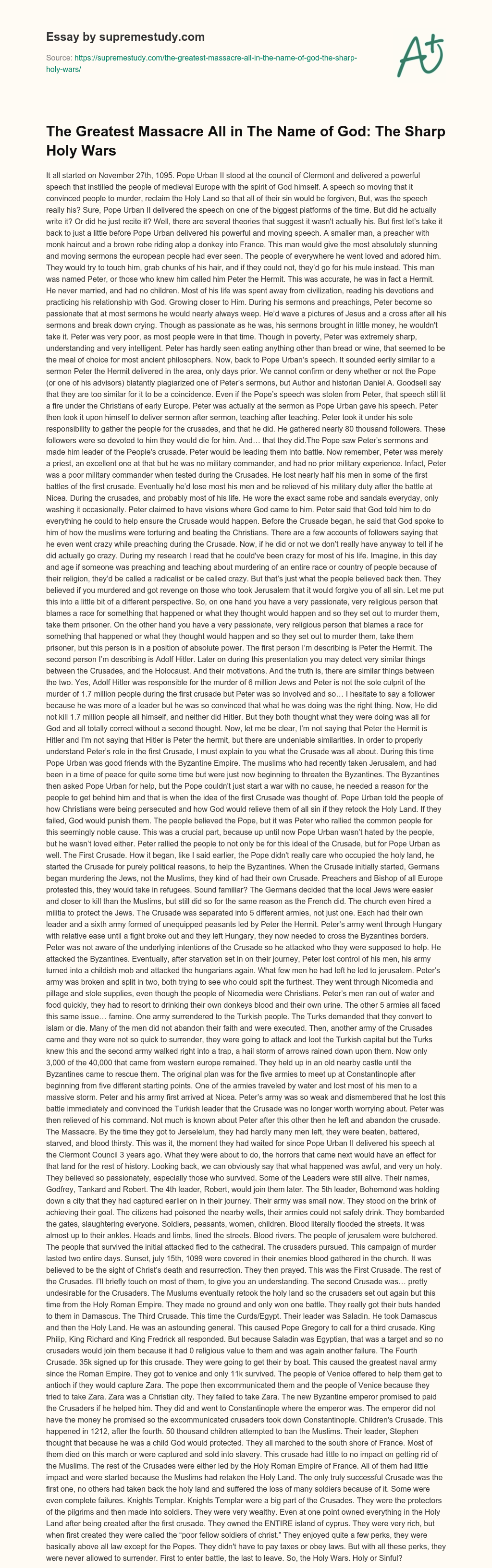 The Greatest Massacre All in The Name of God: The Sharp Holy Wars essay