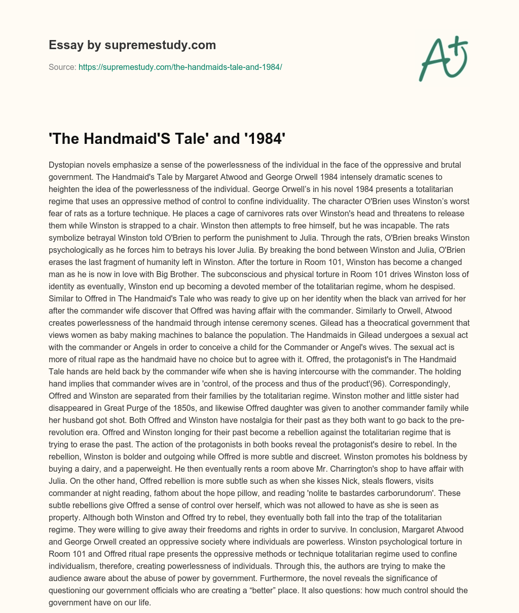 ‘The Handmaid’S Tale’ and ‘1984’ essay