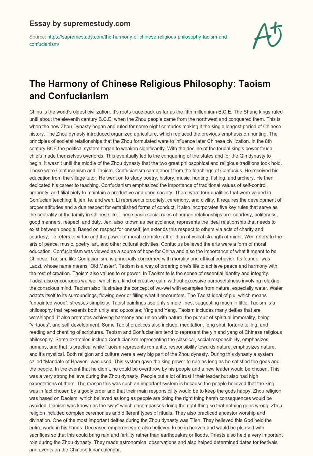 The Harmony of Chinese Religious Philosophy: Taoism and Confucianism essay