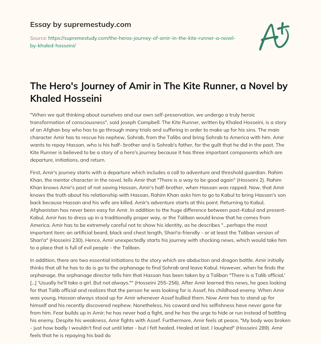 The Hero’s Journey of Amir in The Kite Runner, a Novel by Khaled Hosseini essay