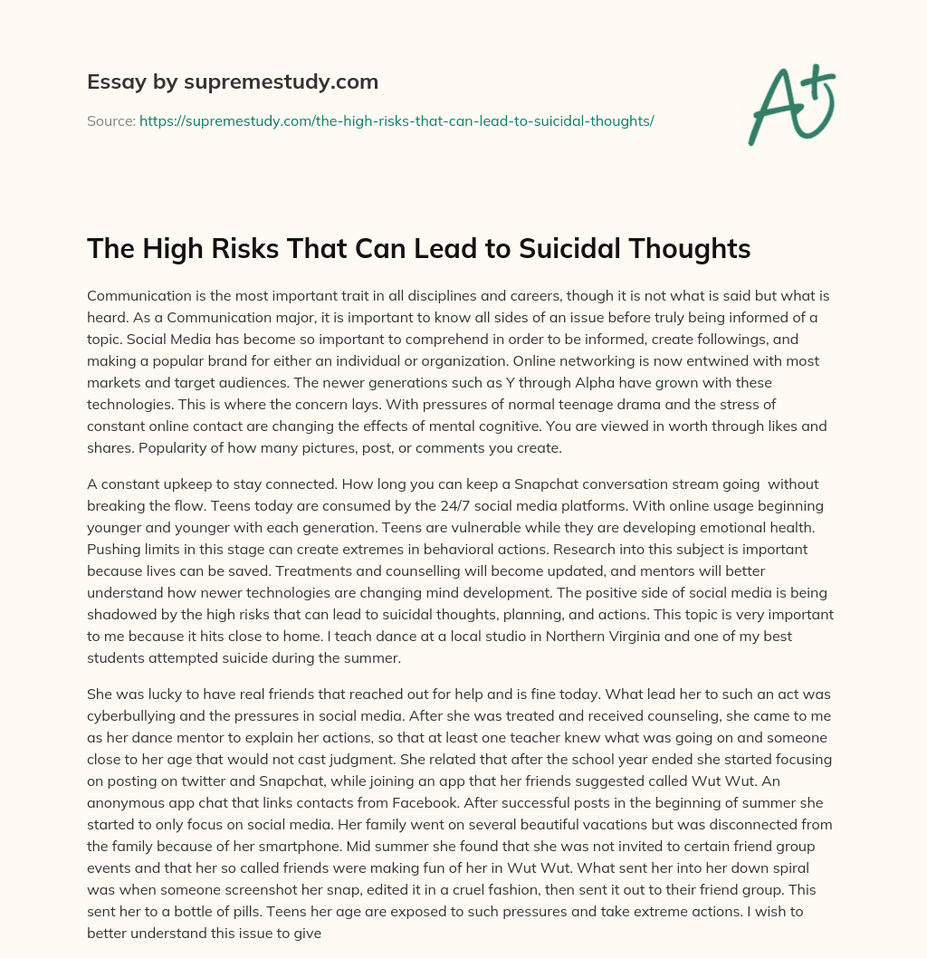 The High Risks That Can Lead to Suicidal Thoughts essay