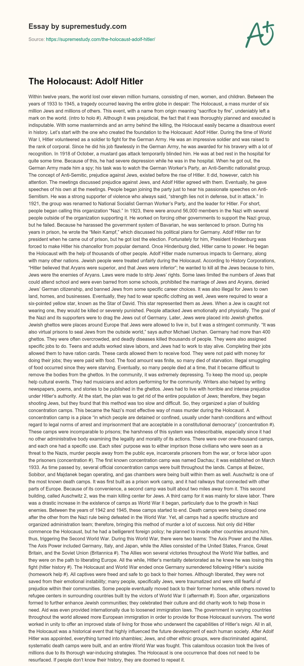 The Holocaust: Adolf Hitler essay