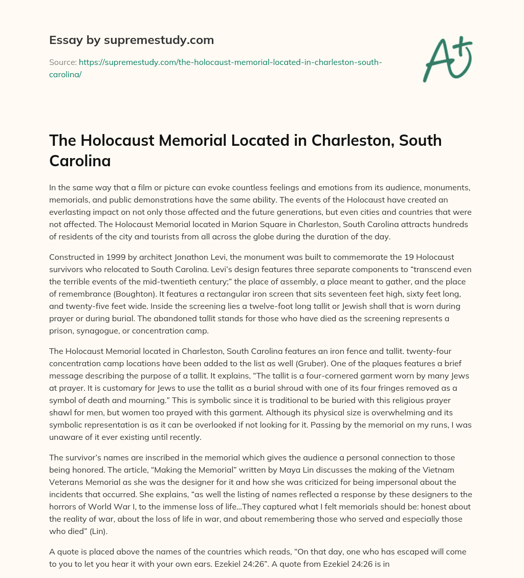 The Holocaust Memorial Located in Charleston, South Carolina essay