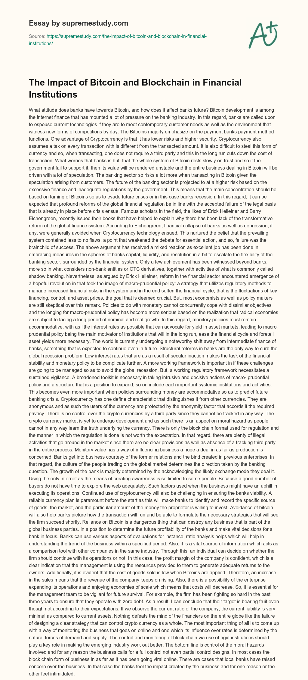 The Impact of Bitcoin and Blockchain in Financial Institutions essay