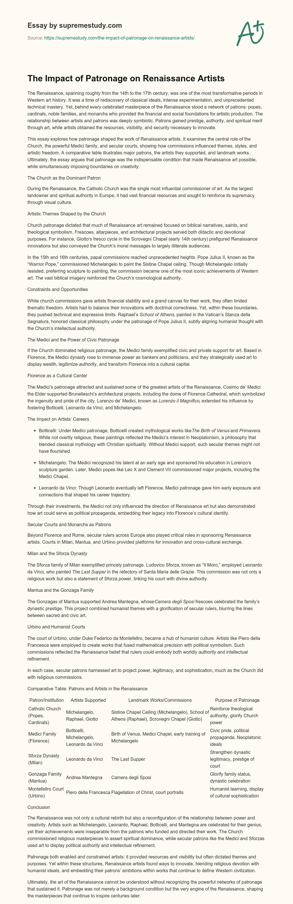 The Impact of Patronage on Renaissance Artists essay