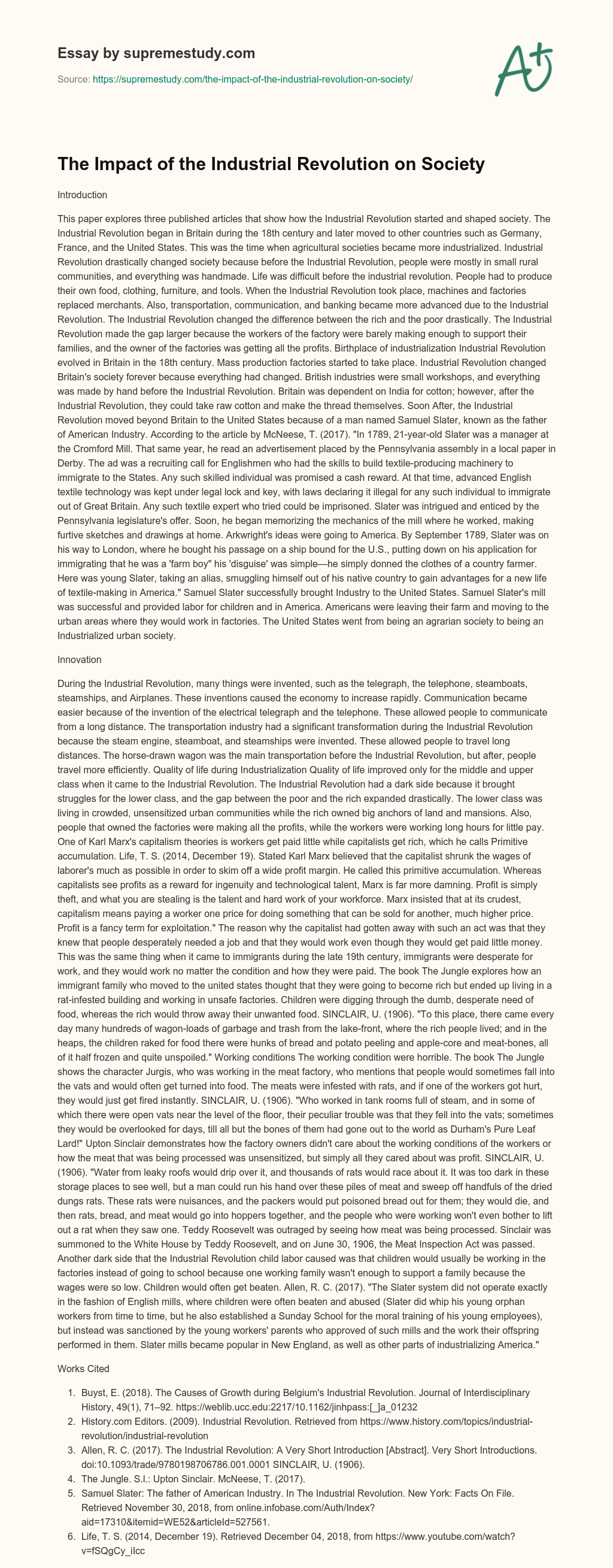 The Impact of the Industrial Revolution on Society essay