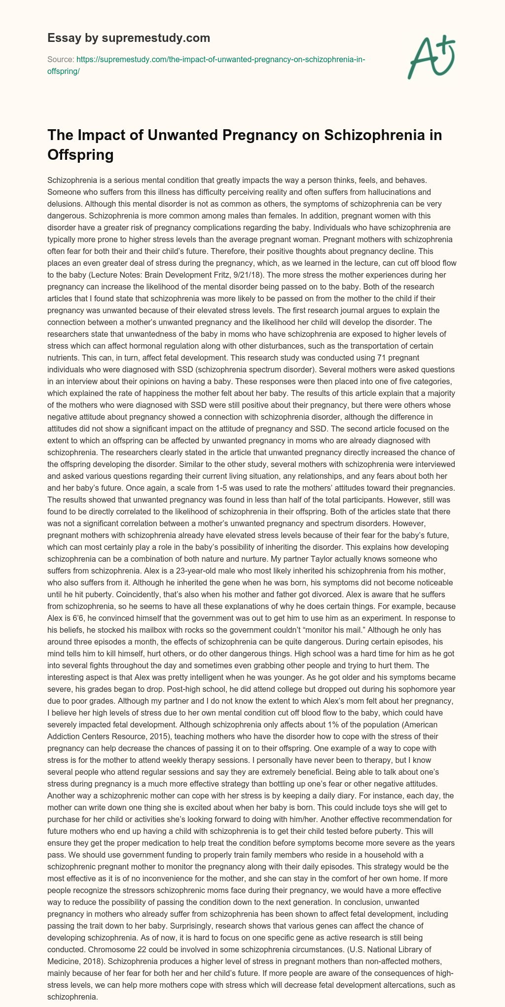 The Impact of Unwanted Pregnancy on Schizophrenia in Offspring essay
